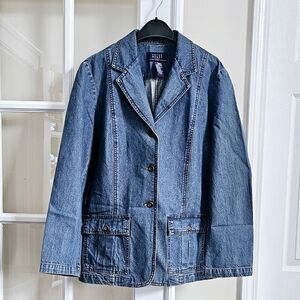 Crazy Horse Distressed Jean Jacket Long Sleeve Crop Blue Denim Button Up Coat